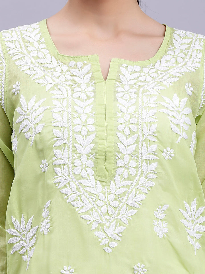 Green Terivoil Cotton Handwoven Chikankari Kurti