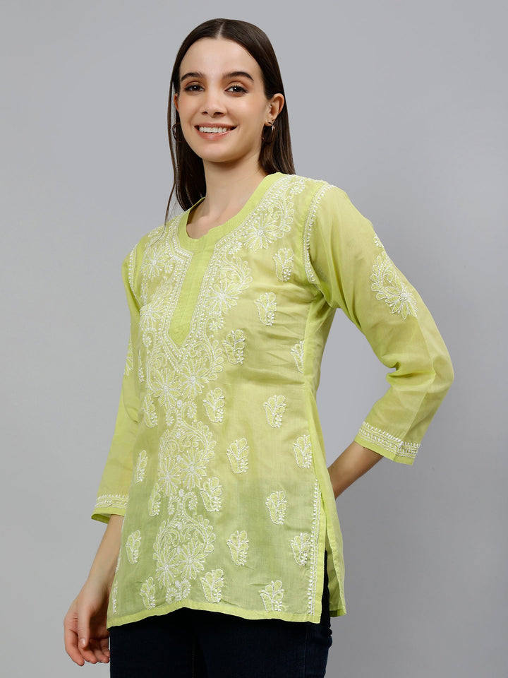 Green Terivoil Cotton Lucknowi Chikankari Short Tunic