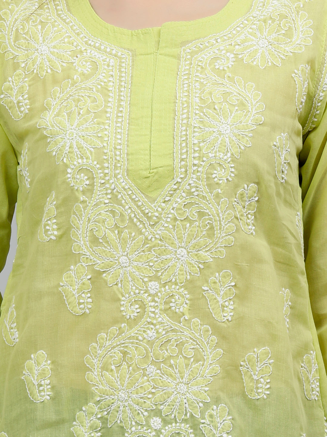 Green Terivoil Cotton Lucknowi Chikankari Short Tunic