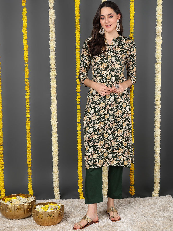 Green Viscose Rayon Floral Printed Straight Kurta