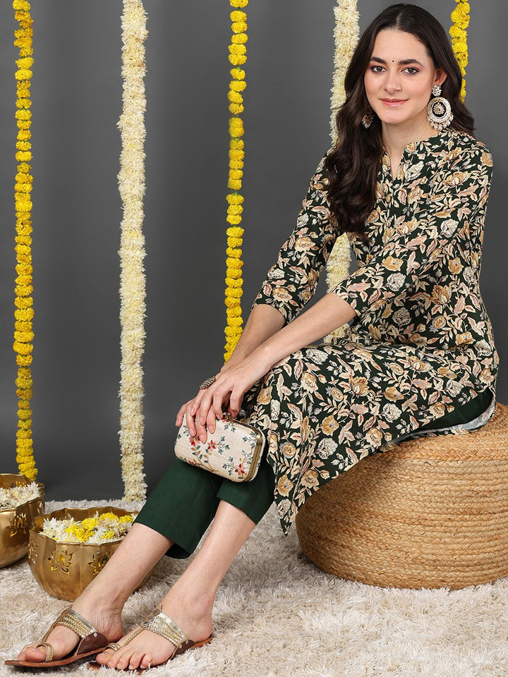 Green Viscose Rayon Floral Printed Straight Kurta