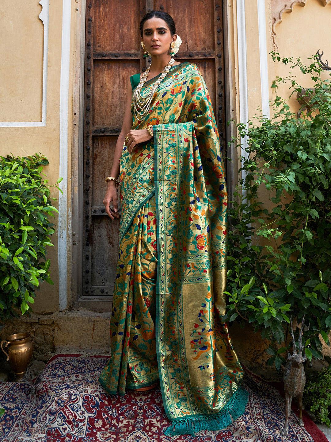 ZERESOUQ-Green-Woven-Bagh-Design-Paithani-Silk-Festive-Saree