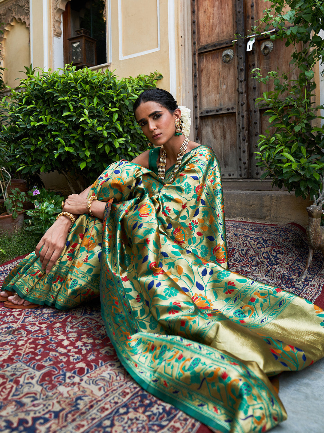 ZERESOUQ-Green-Woven-Bagh-Design-Paithani-Silk-Festive-Saree