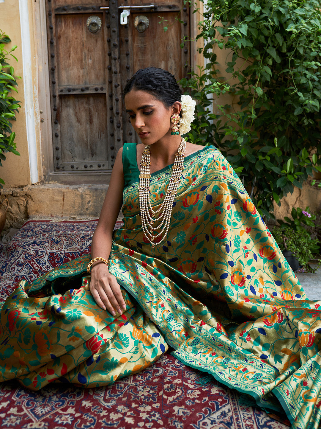 ZERESOUQ-Green-Woven-Bagh-Design-Paithani-Silk-Festive-Saree