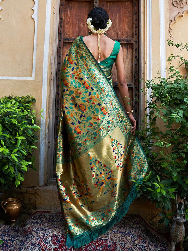 ZERESOUQ-Green-Woven-Bagh-Design-Paithani-Silk-Festive-Saree