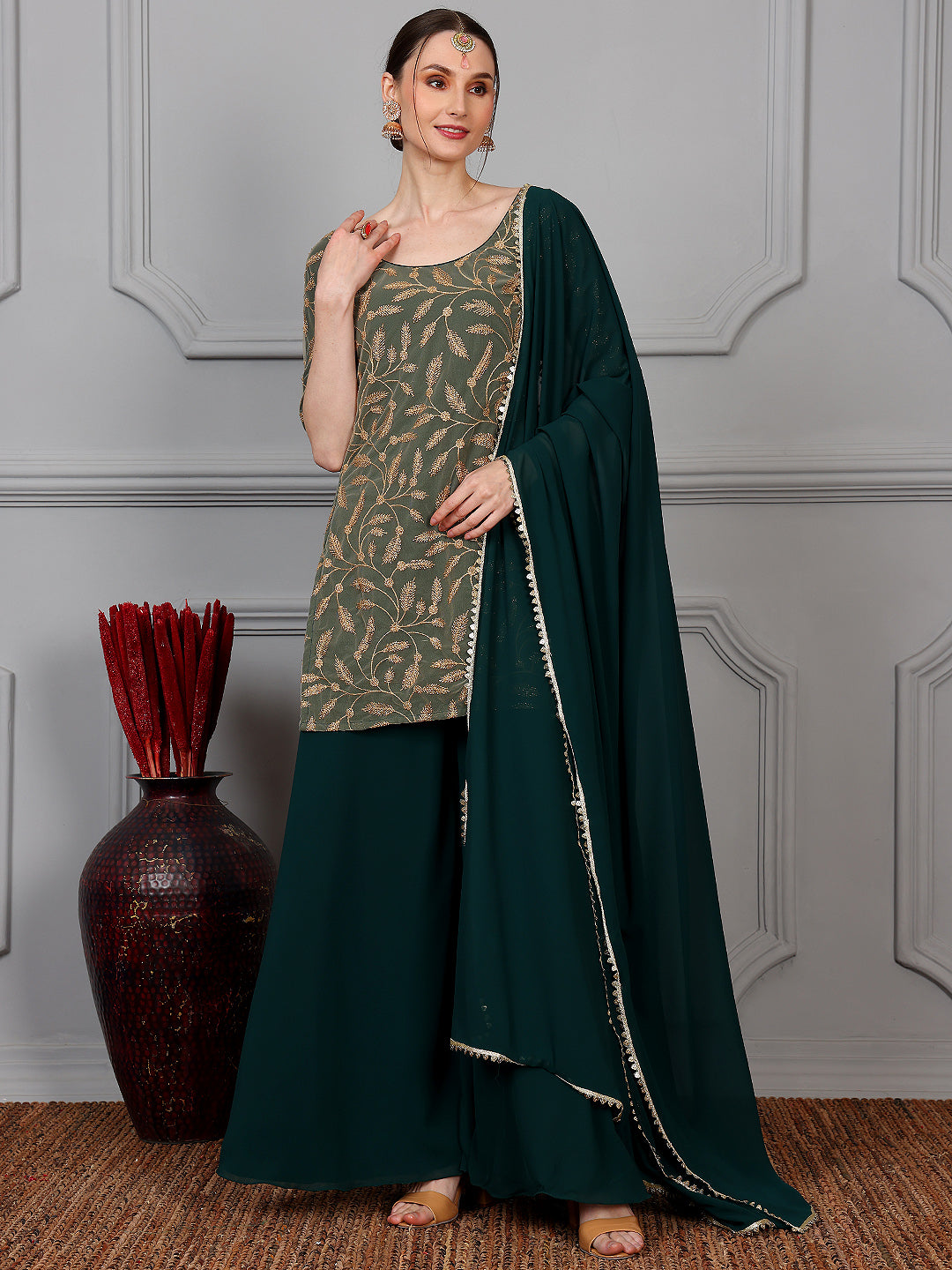 Green & Beige Embroidered Net Palazzo Suit
