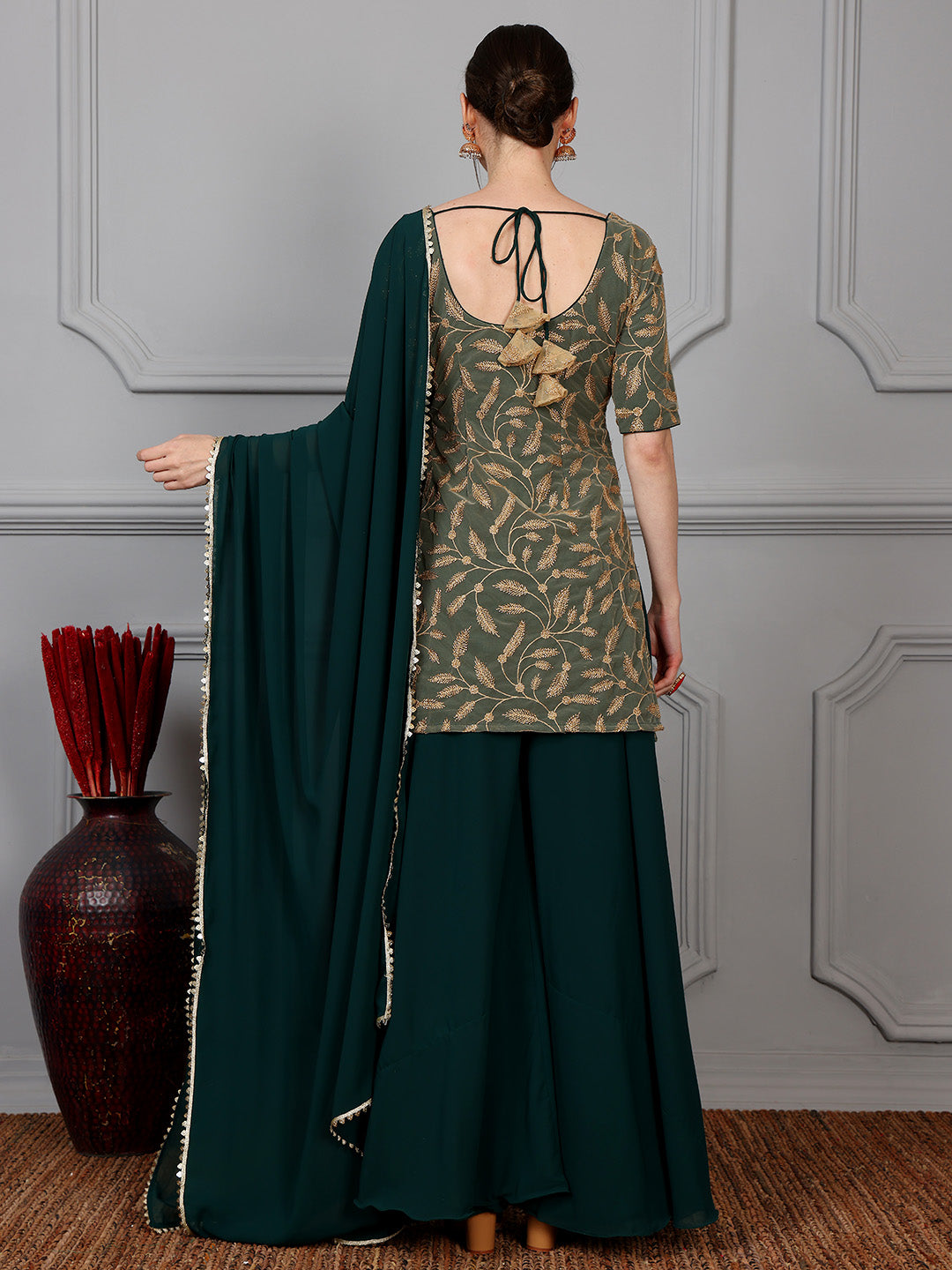 Green & Beige Embroidered Net Palazzo Suit