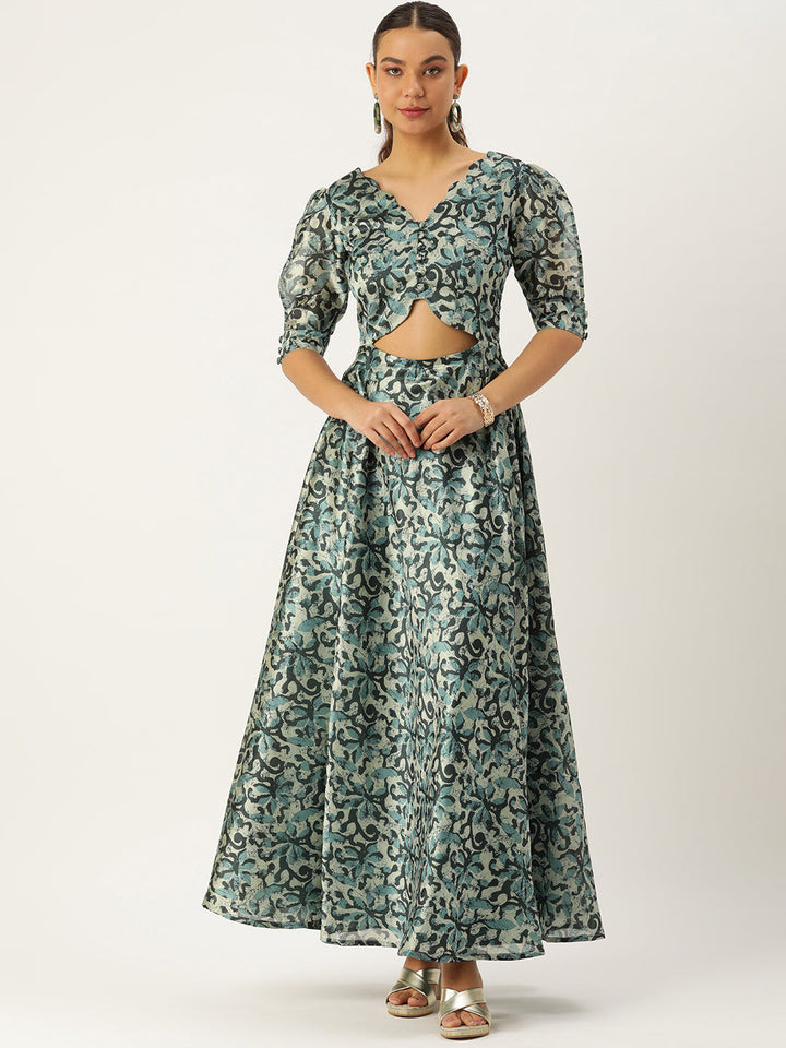 Green & Beige Silk Digital Print Maxi Dress
