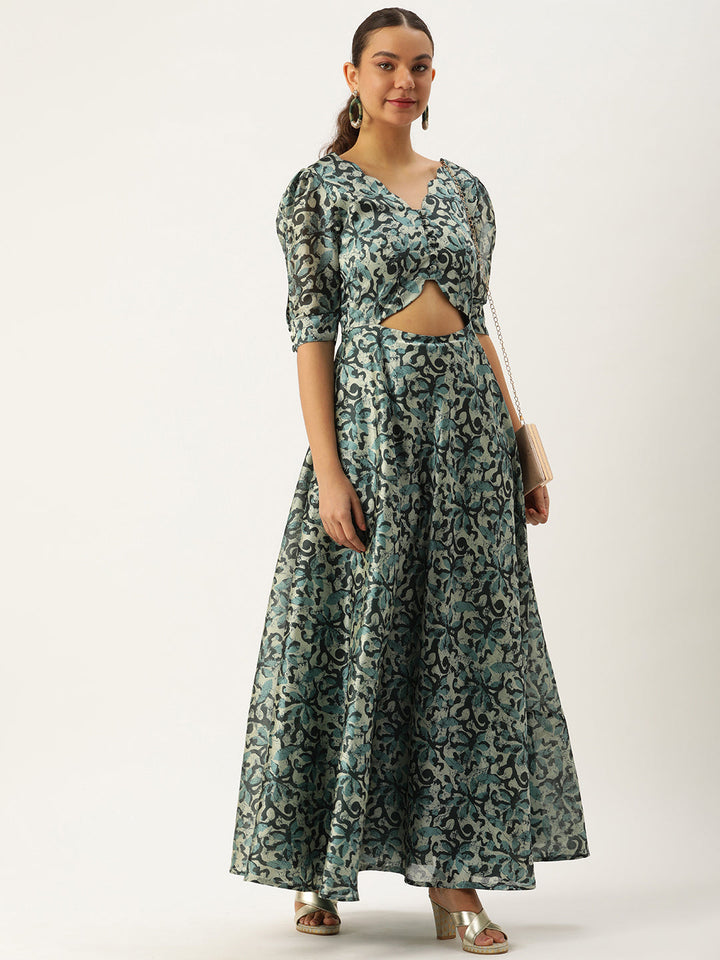 Green & Beige Silk Digital Print Maxi Dress