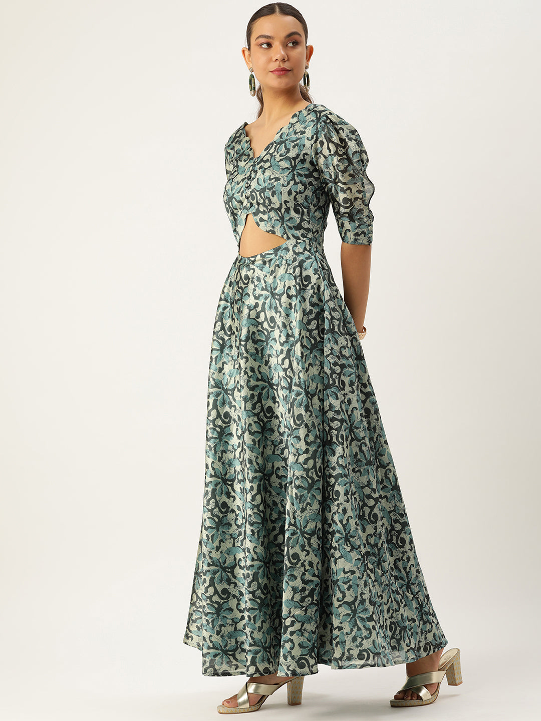 Green & Beige Silk Digital Print Maxi Dress