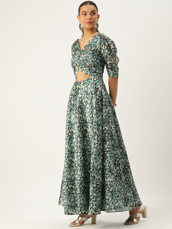 Green & Beige Silk Digital Print Maxi Dress