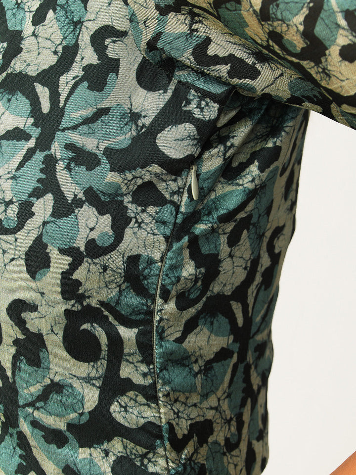 Green & Beige Silk Digital Print Maxi Dress