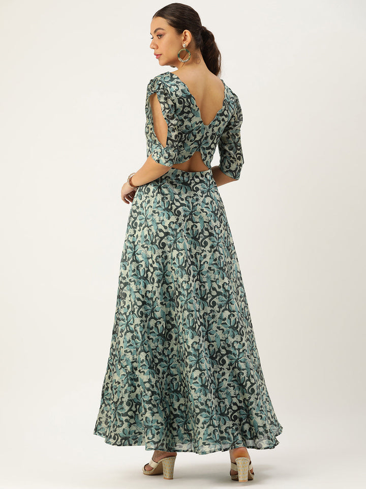 Green & Beige Silk Digital Print Maxi Dress