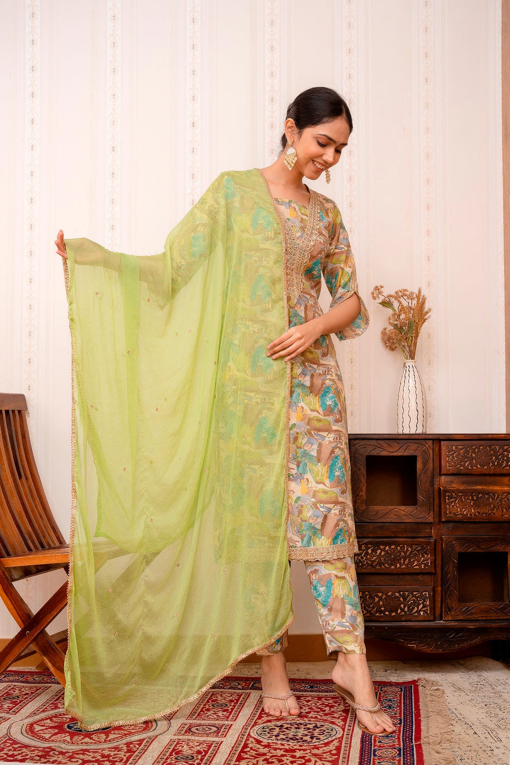 Green-&-Golden-Embroidered-Long-Straight-Cotton-3-Piece-Kurta-Set
