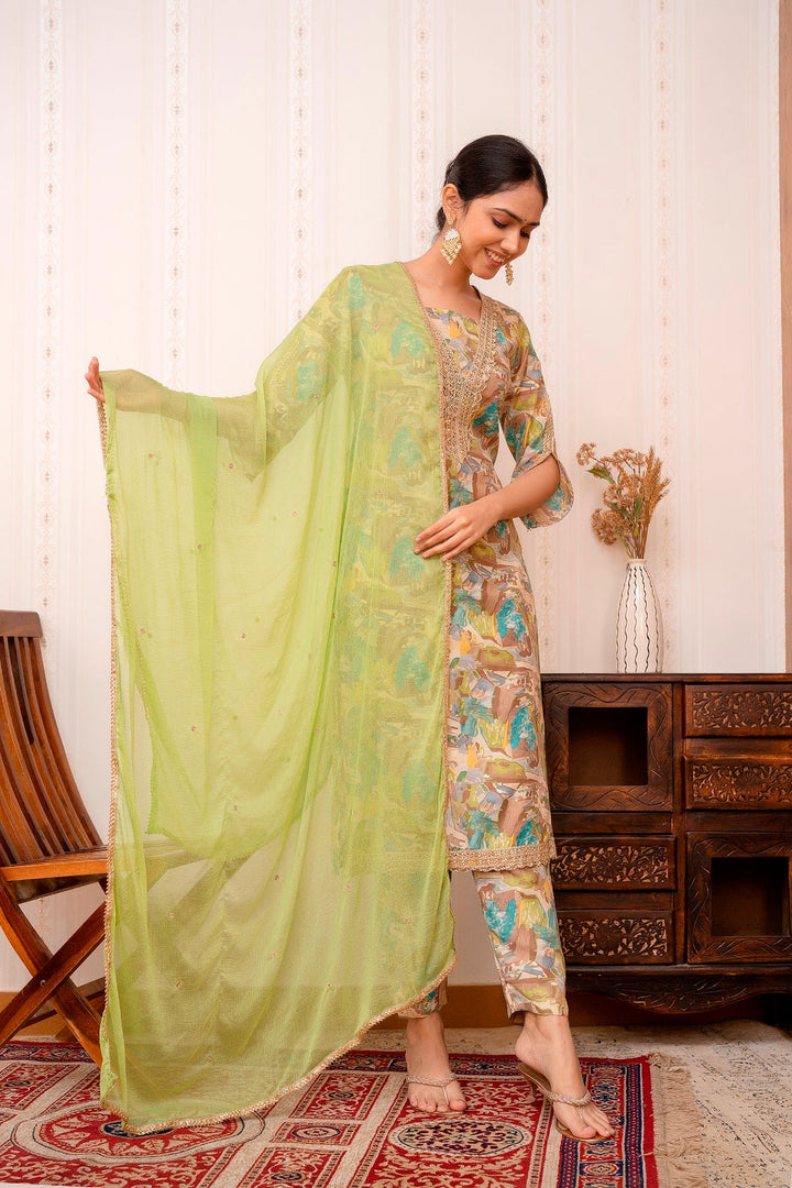 Green-&-Golden-Embroidered-Long-Straight-Cotton-3-Piece-Kurta-Set