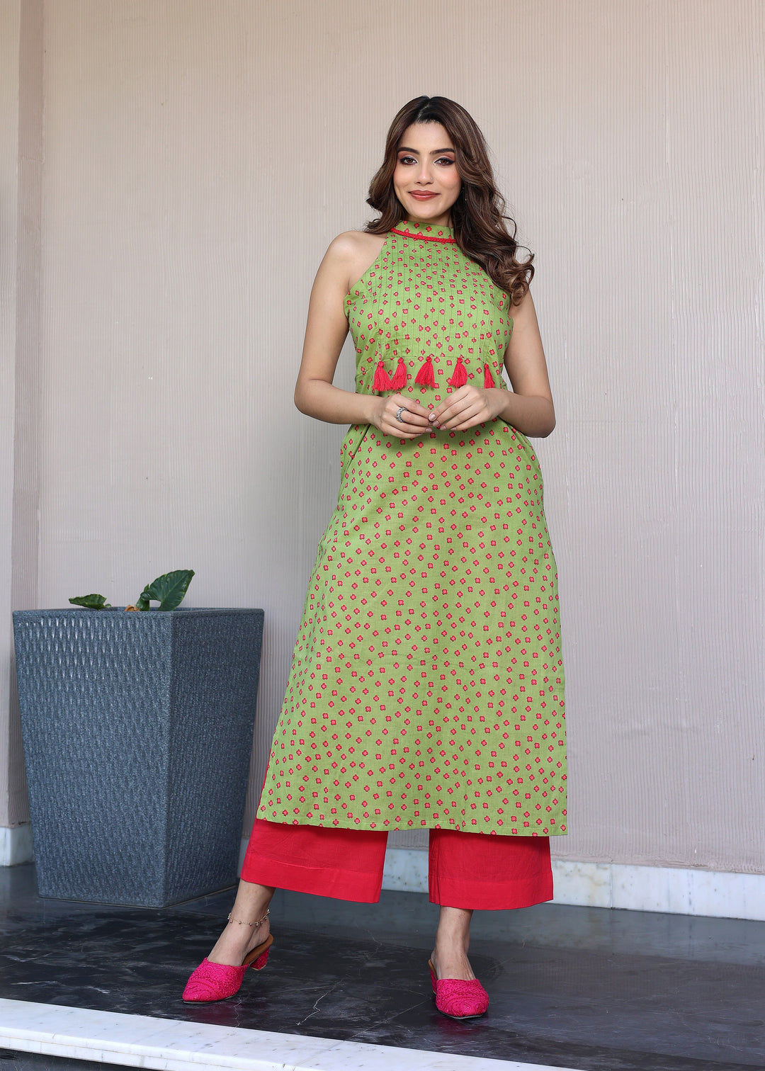 Green & Pink Cotton Anaya Halter Neck Kurta Set