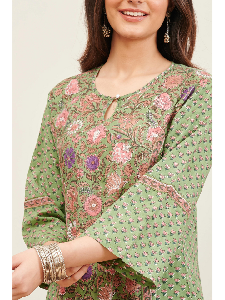 Green & Pink Hand Block Printed A-Line Kurta