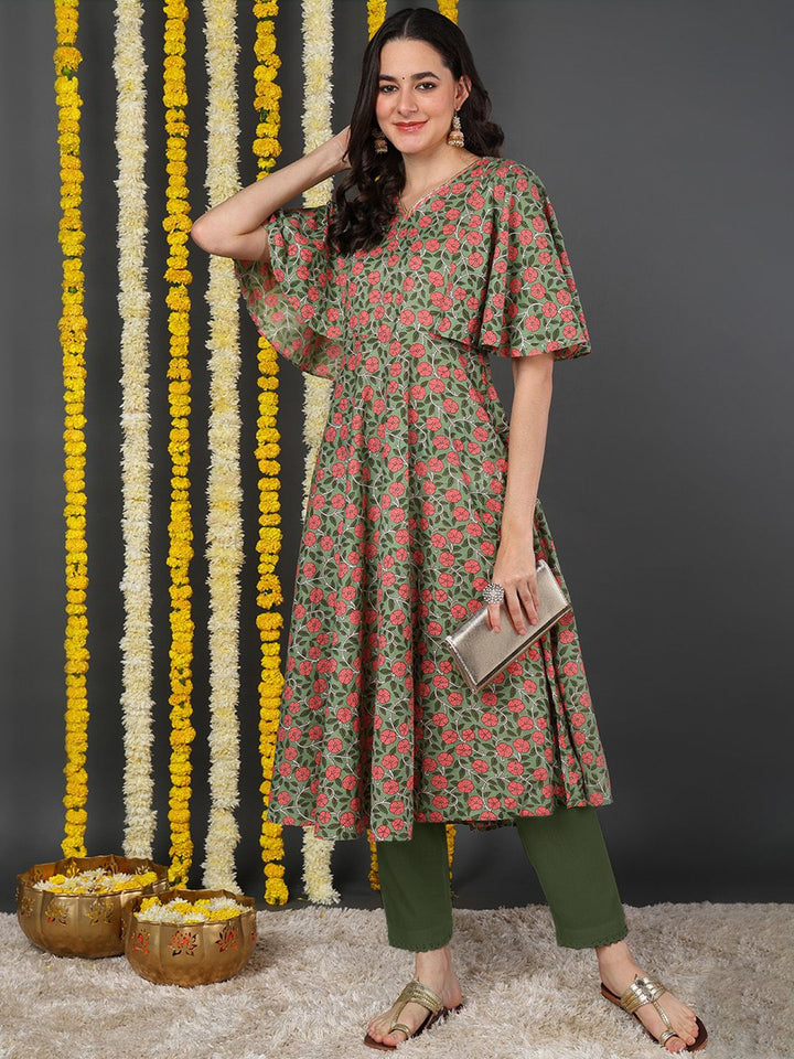 Green & Red Cotton Floral Printed Anarkali Kurta