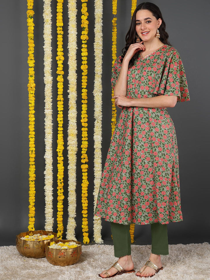 Green & Red Cotton Floral Printed Anarkali Kurta