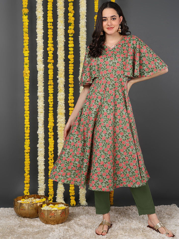 Green & Red Cotton Floral Printed Anarkali Kurta