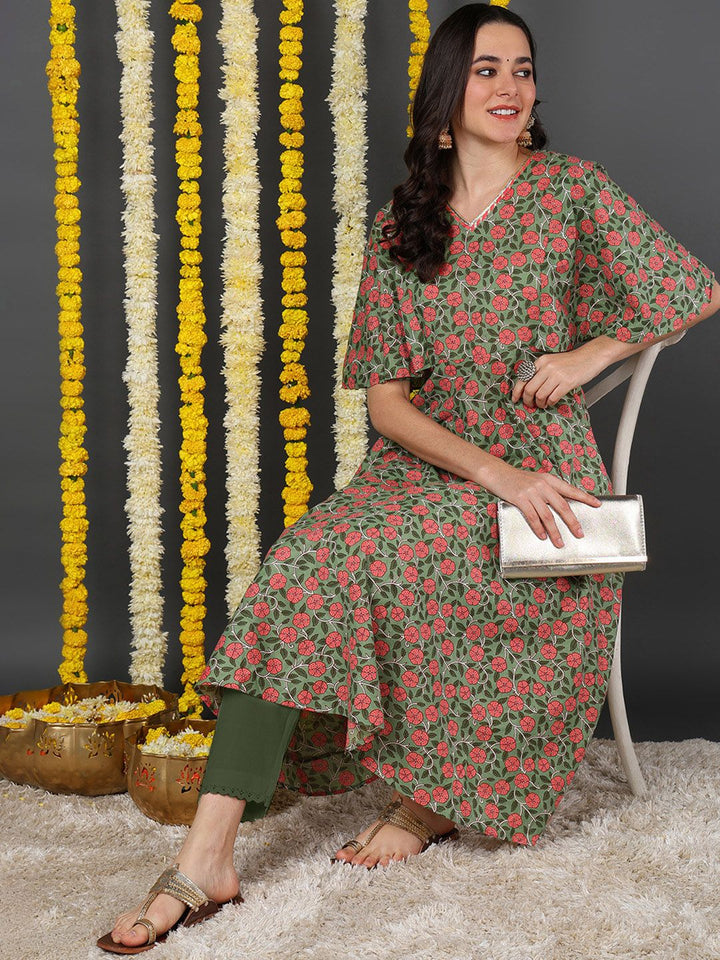 Green & Red Cotton Floral Printed Anarkali Kurta