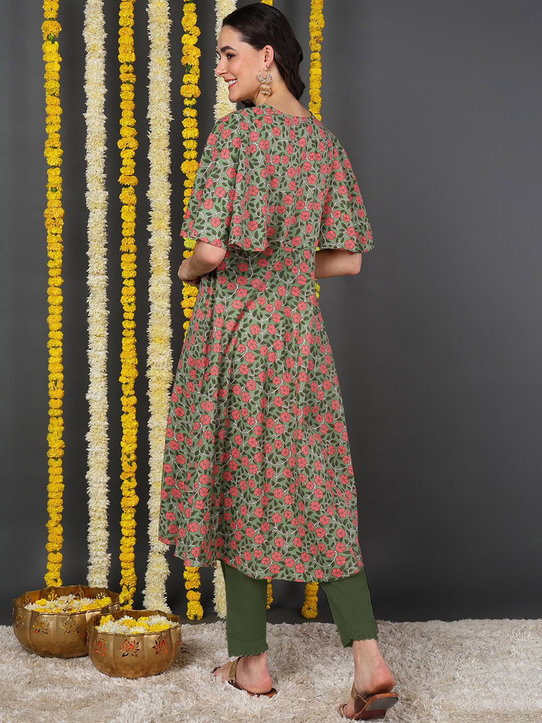 Green & Red Cotton Floral Printed Anarkali Kurta