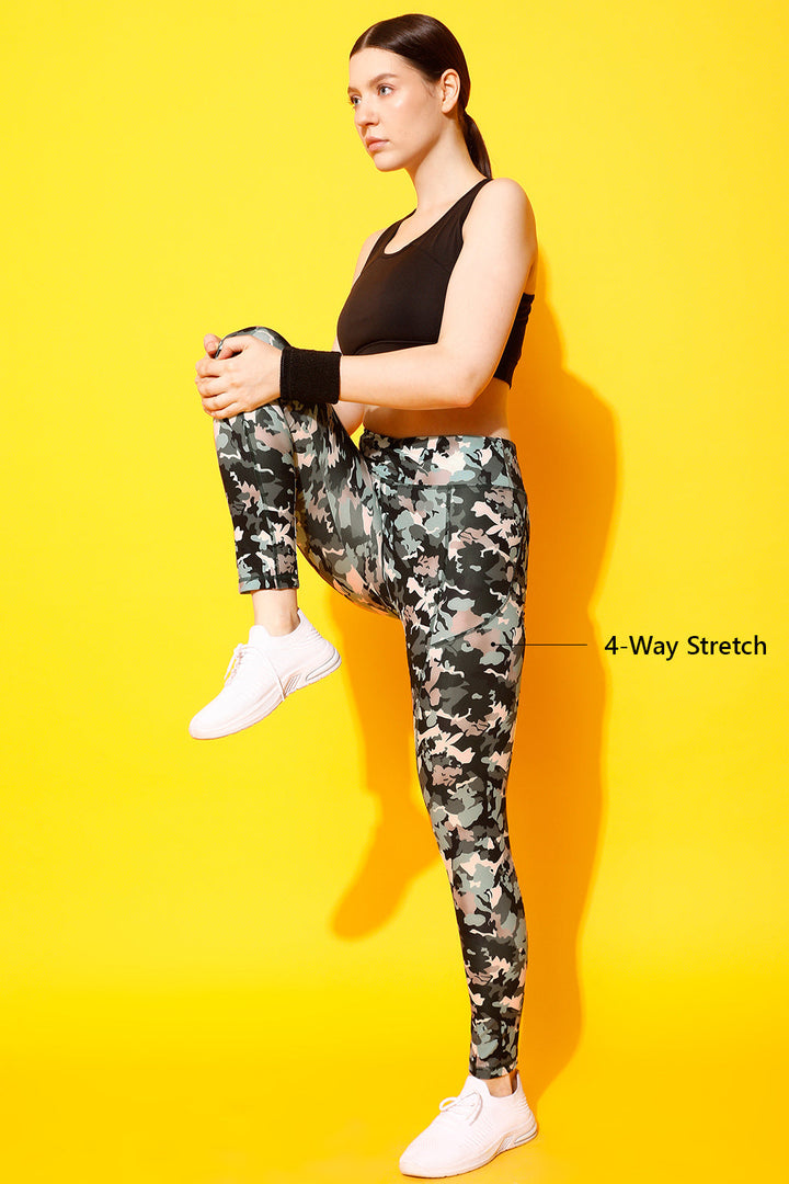 Grey Camouflage Print Active Tights with Side Pocket