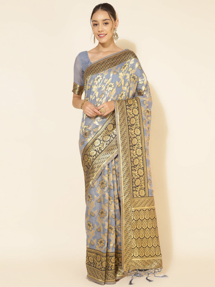 Grey Chanderi Silk Ethnic Motif Woven Designed Saree