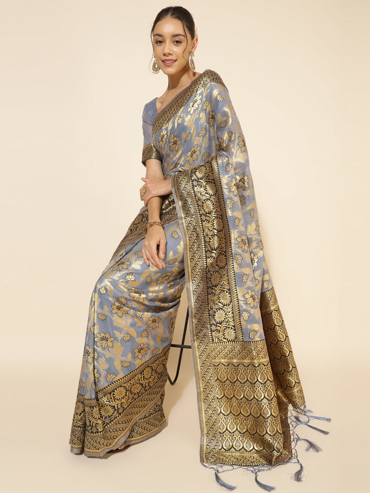 Grey Chanderi Silk Ethnic Motif Woven Designed Saree