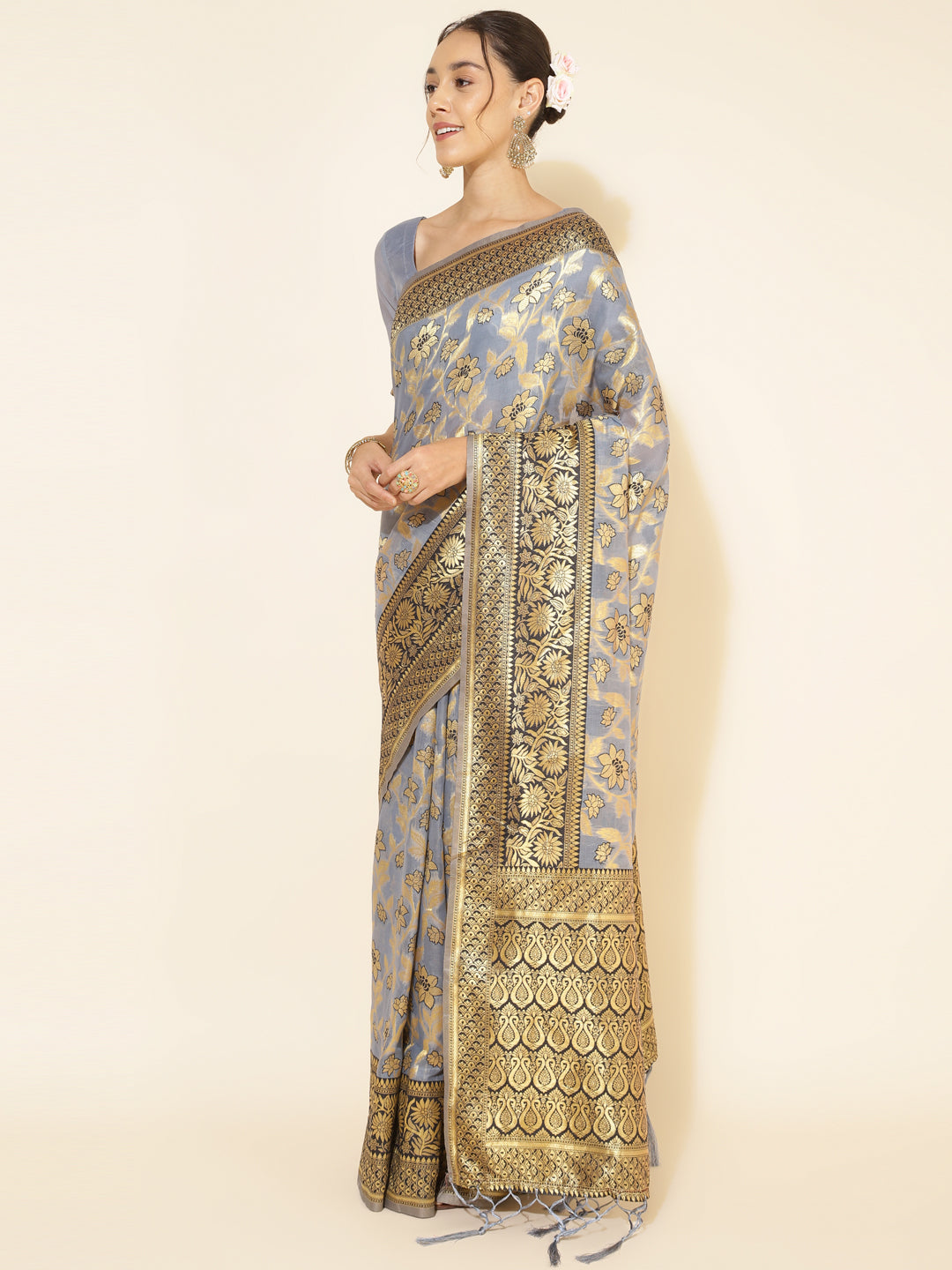 Grey Chanderi Silk Ethnic Motif Woven Designed Saree