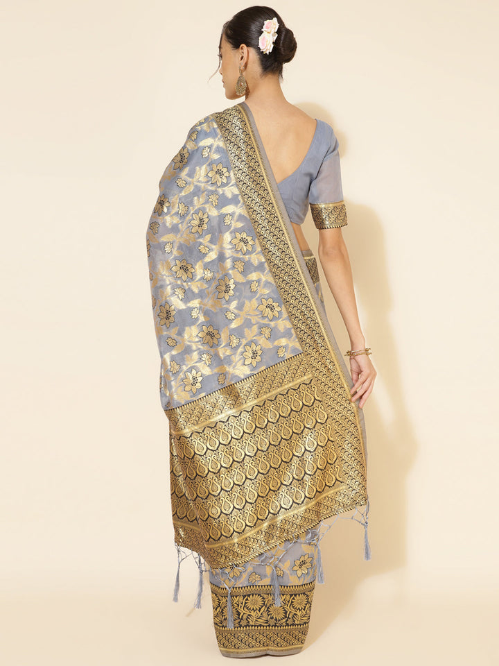 Grey Chanderi Silk Ethnic Motif Woven Designed Saree