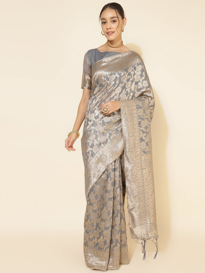 Grey Chanderi Silk Floral Woven Designed Festive Saree