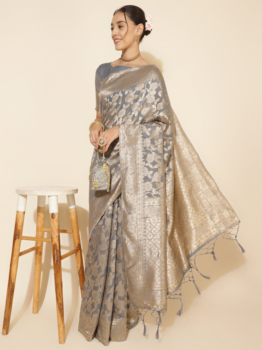 Grey Chanderi Silk Floral Woven Designed Festive Saree