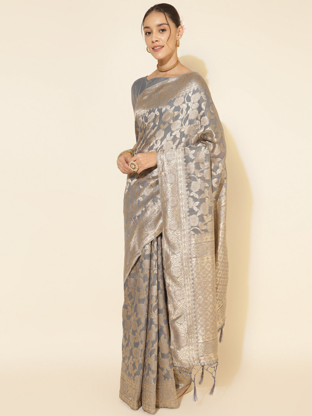 Grey Chanderi Silk Floral Woven Designed Festive Saree