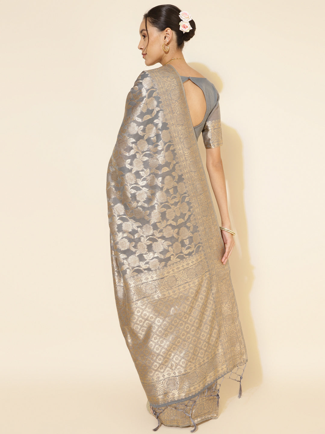 Grey Chanderi Silk Floral Woven Designed Festive Saree