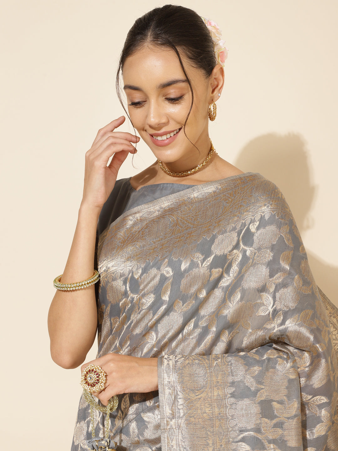 Grey Chanderi Silk Floral Woven Designed Festive Saree