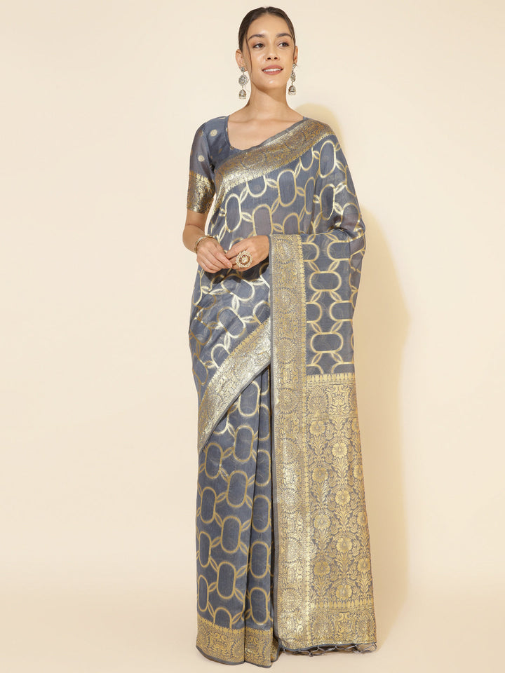 Grey Chanderi Silk Geometric Woven Design Festive Saree