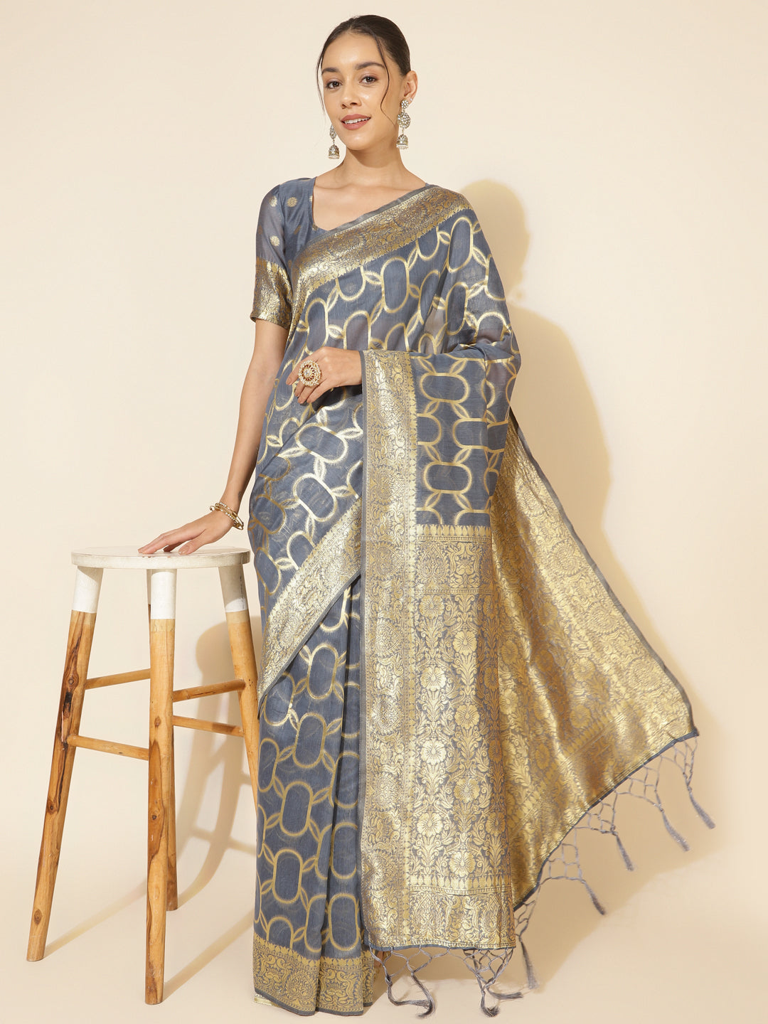 Grey Chanderi Silk Geometric Woven Design Festive Saree