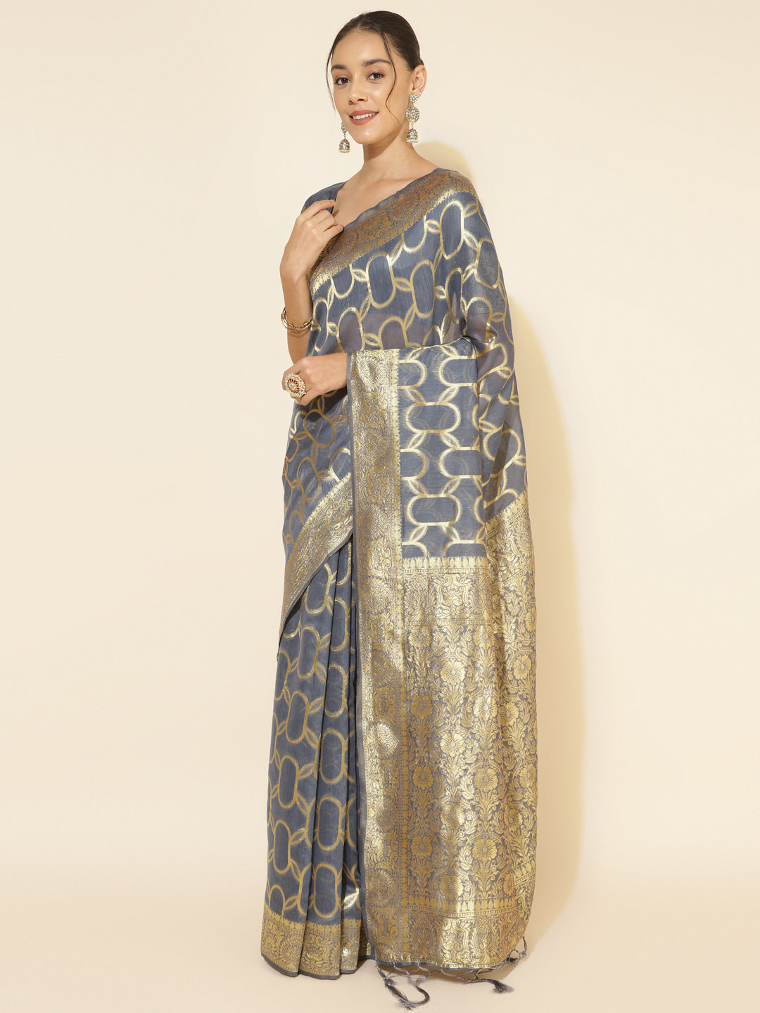 Grey Chanderi Silk Geometric Woven Design Festive Saree