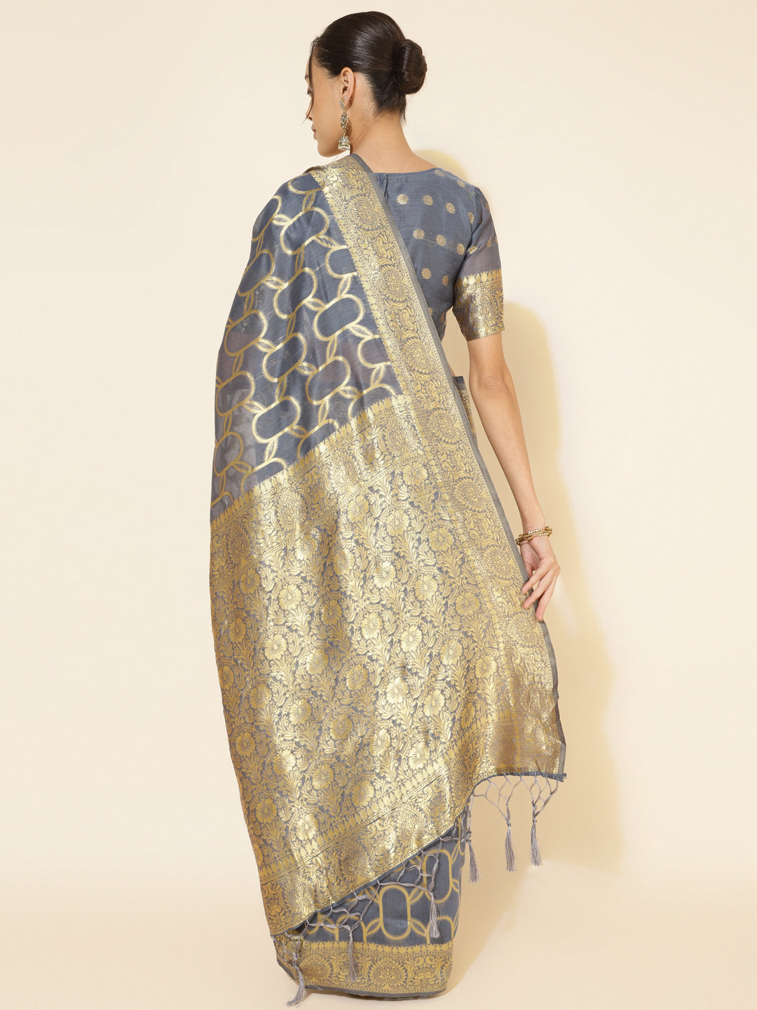 Grey Chanderi Silk Geometric Woven Design Festive Saree