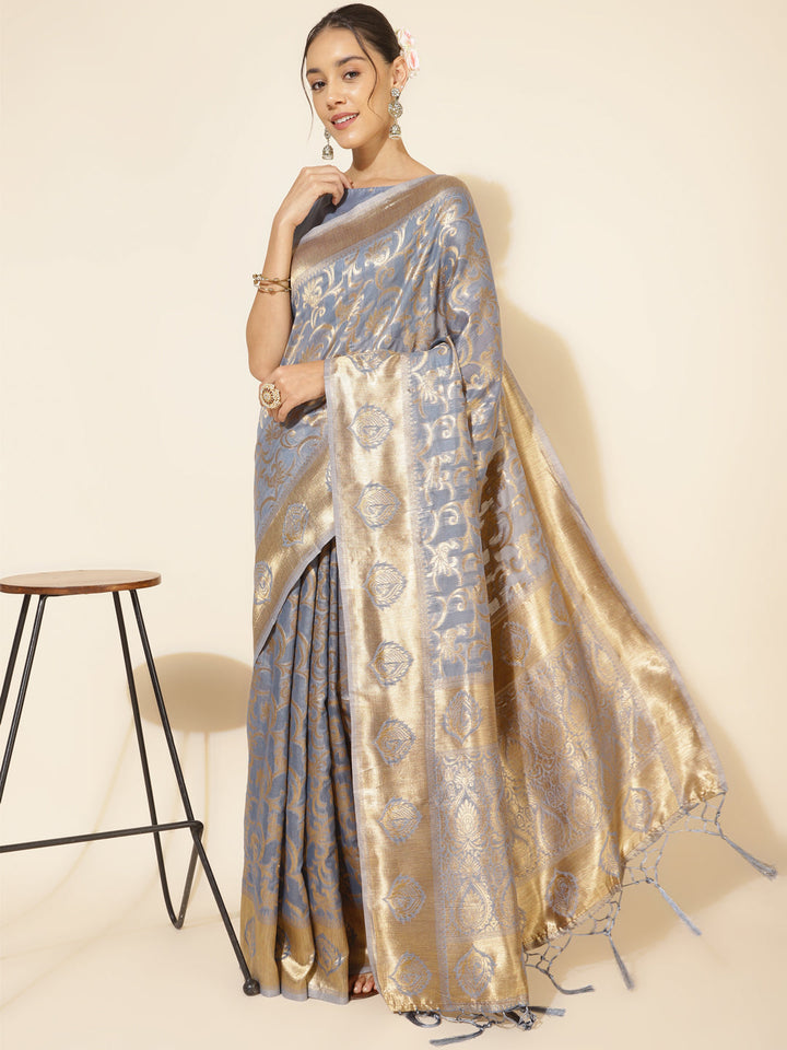 Grey Chanderi Silk Woven Ethnic Motif Festive Saree