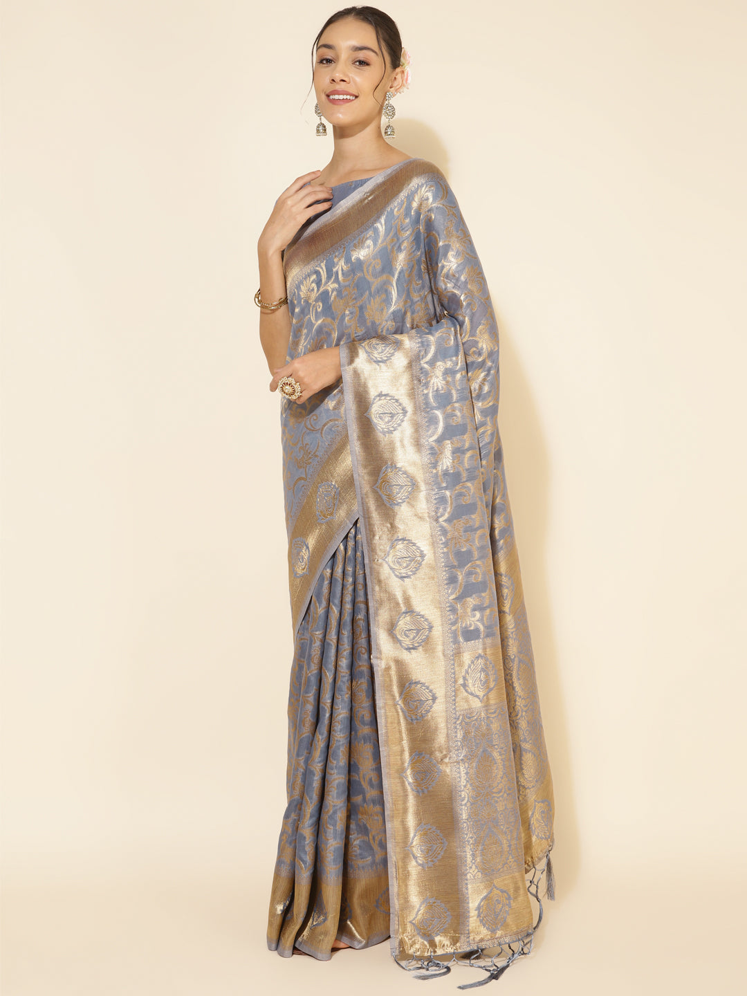 Grey Chanderi Silk Woven Ethnic Motif Festive Saree