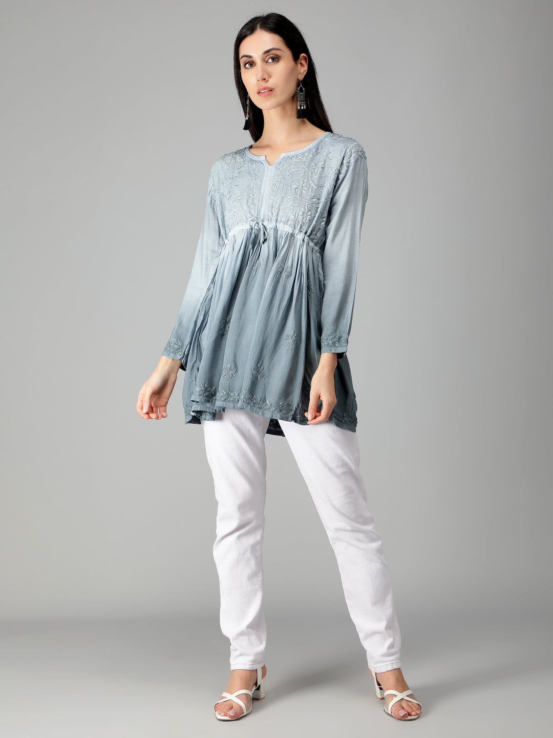Grey-Chikankari-Short-Flare-Tunic-Top