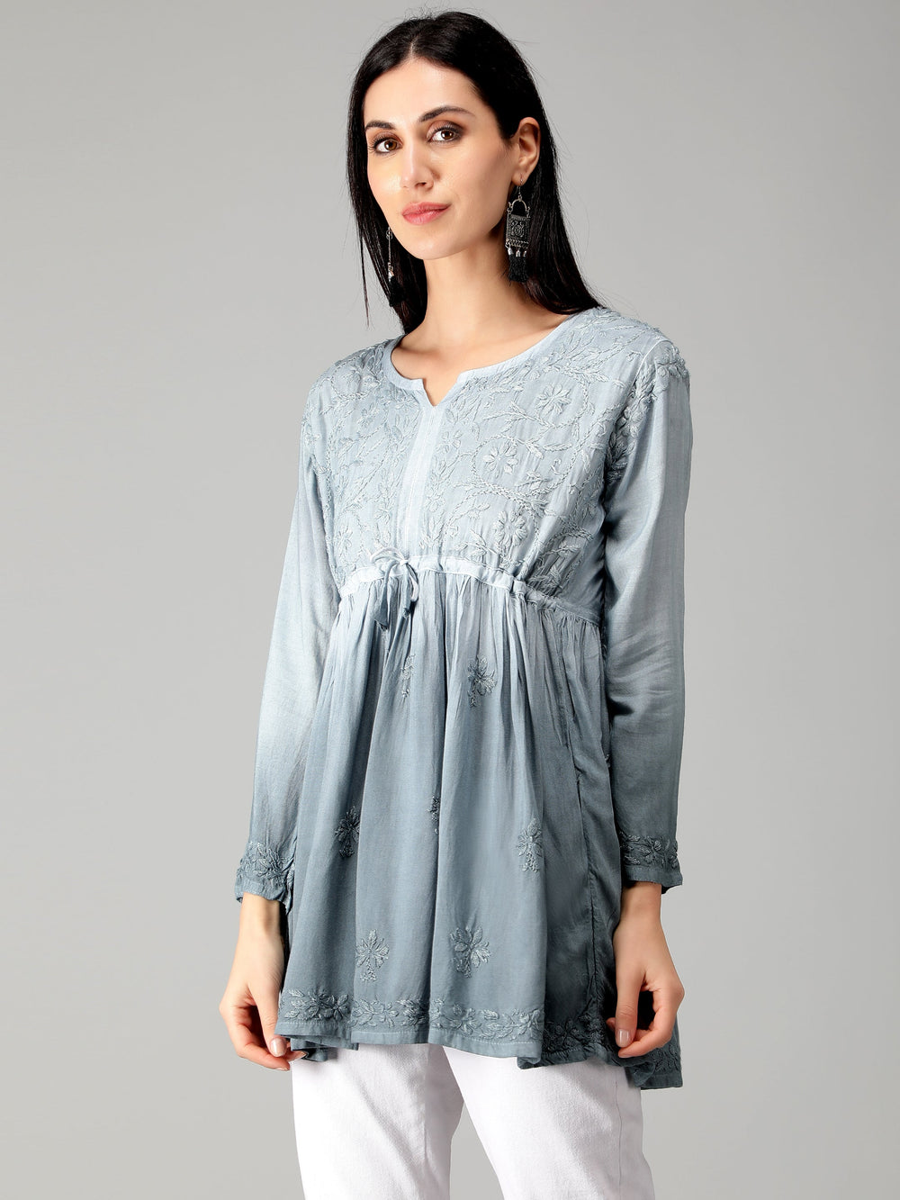 Grey-Chikankari-Short-Flare-Tunic-Top
