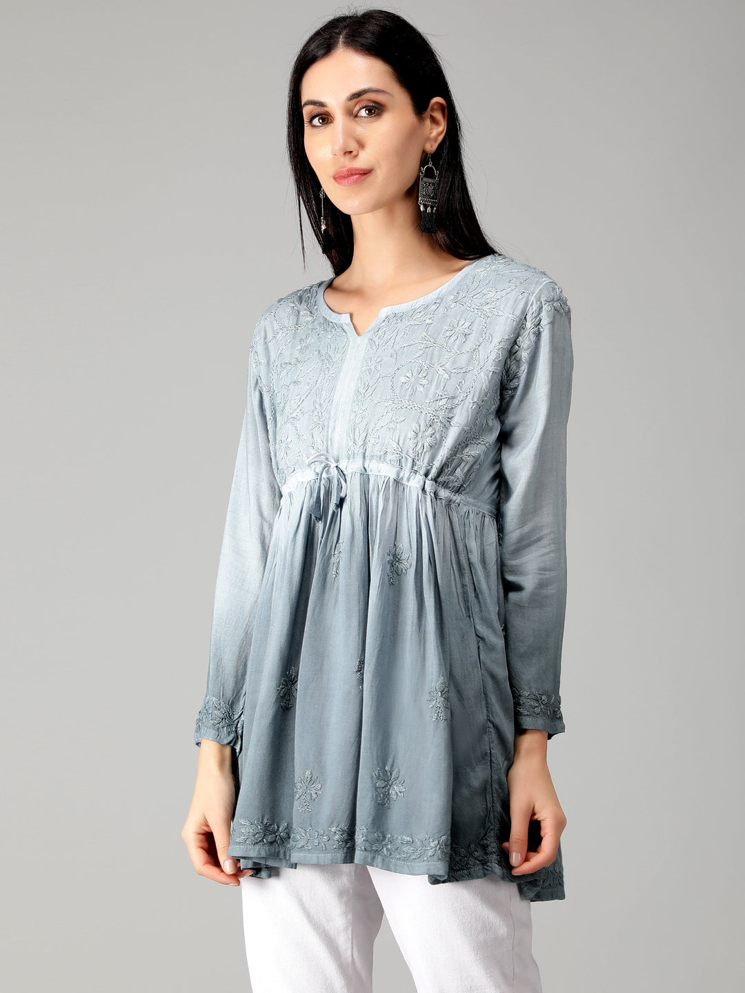 Grey-Chikankari-Short-Flare-Tunic-Top