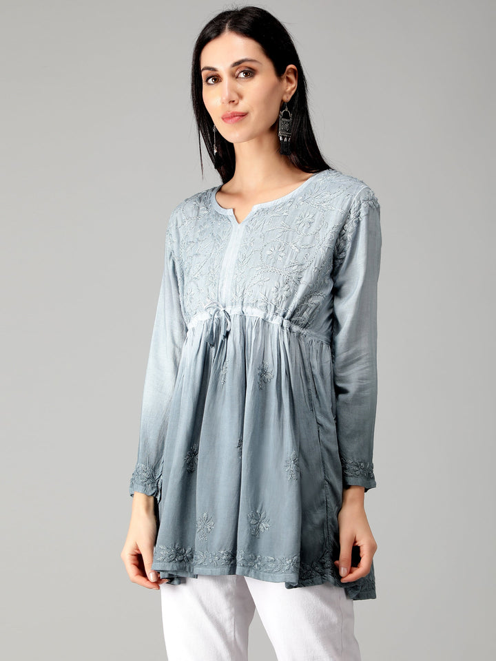 Grey-Chikankari-Short-Flare-Tunic-Top
