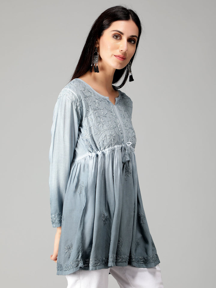 Grey-Chikankari-Short-Flare-Tunic-Top