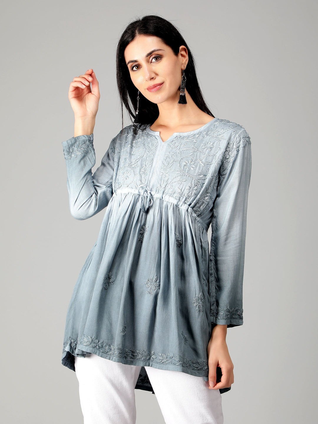 Grey-Chikankari-Short-Flare-Tunic-Top