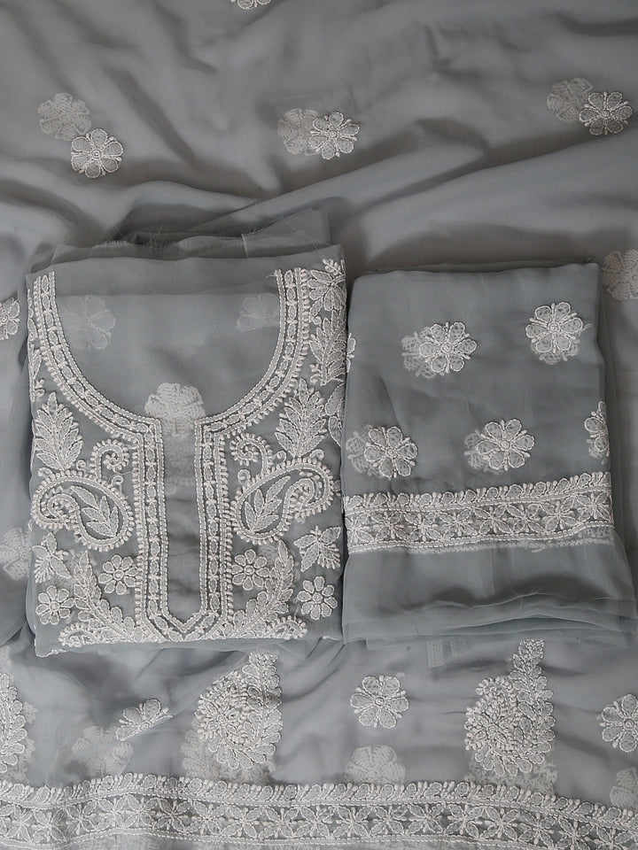 Grey Chikankari Unstitched Dress Material