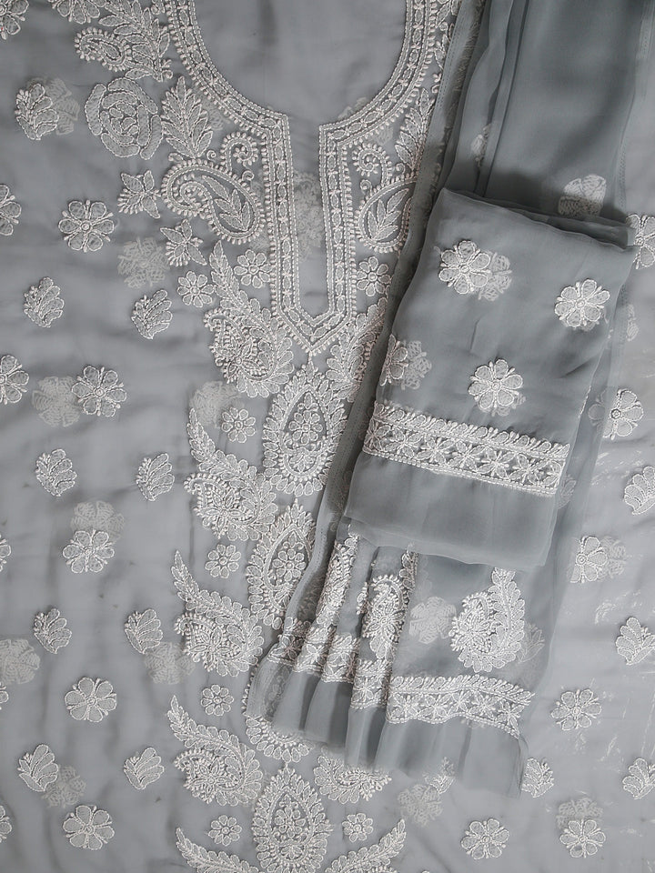 Grey Chikankari Unstitched Dress Material